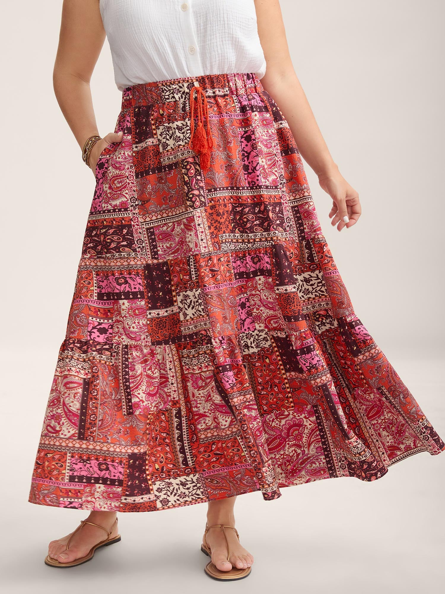 Geometric Collage Waist-Tie Maxi Skirt