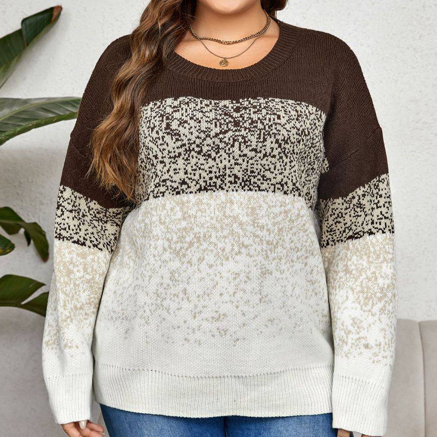 Plus Size Autumn Winter Color Matching Multi Color round Neck Clothing