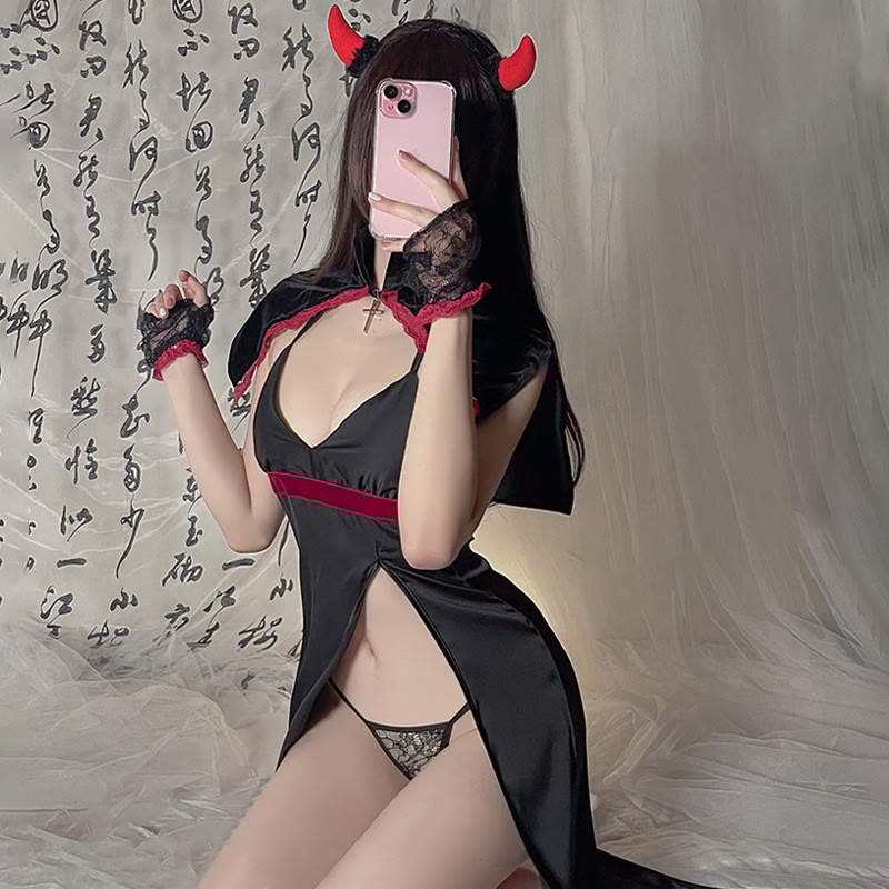 Deep V-neck Slit Lingerie Dress Set