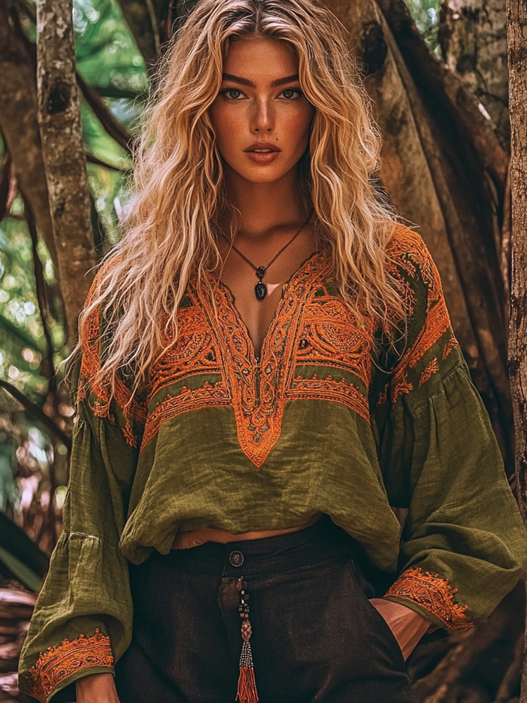 Vintage Embroidered V-neck Linen Blend T-shirt