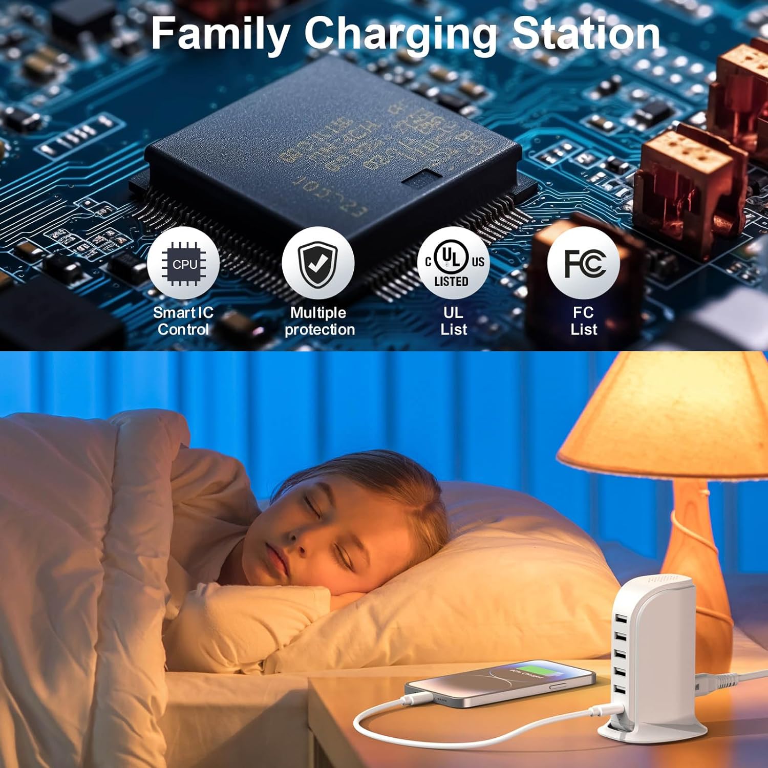 Charger Block 6 in 1 Upoy, 40W USB C Charger 3A, Charging Hub with 5 USB Ports(Shared 6A) for Multiple Electronics, USB Charging Station Multiports, Universal Desktop Phone Charger Travel Ready, Black