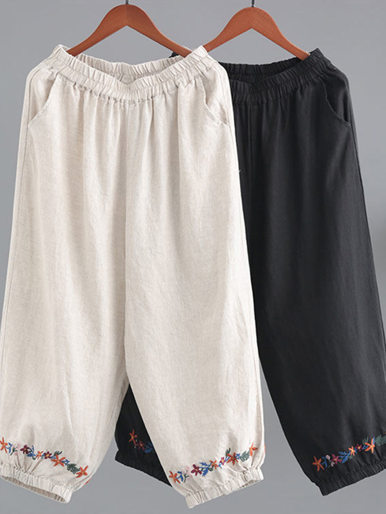 Vintage Floral Embroidered Linen Blend Casual Pants