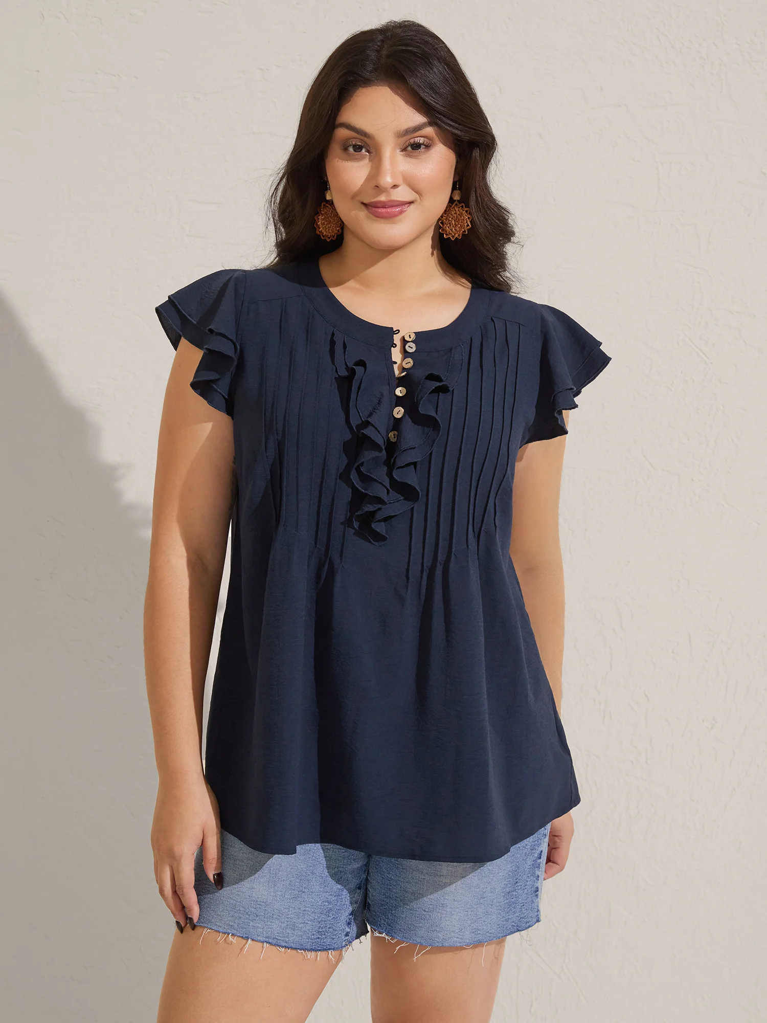 Solid Ruffle Trim Toothpick Pleat Blouse