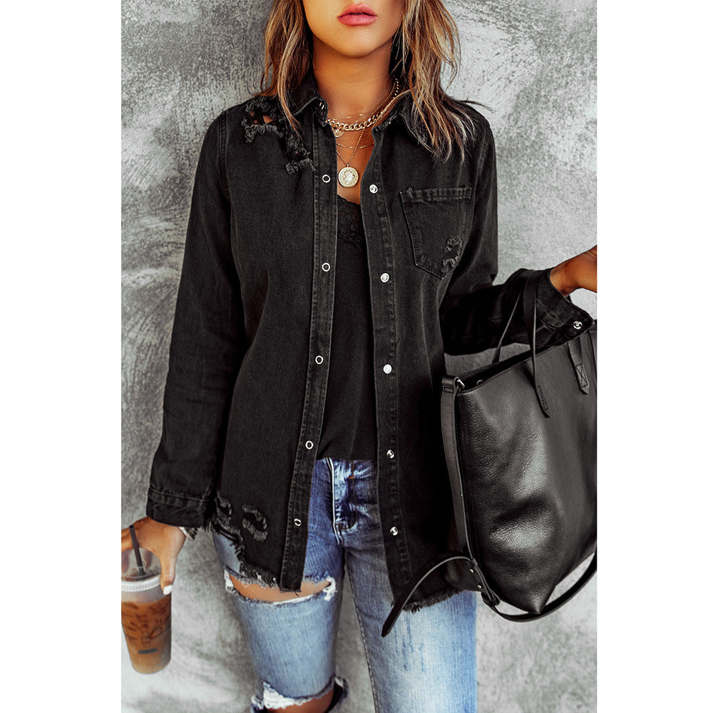Black Ripped Denim Long Sleeve Coat Jacket for Women