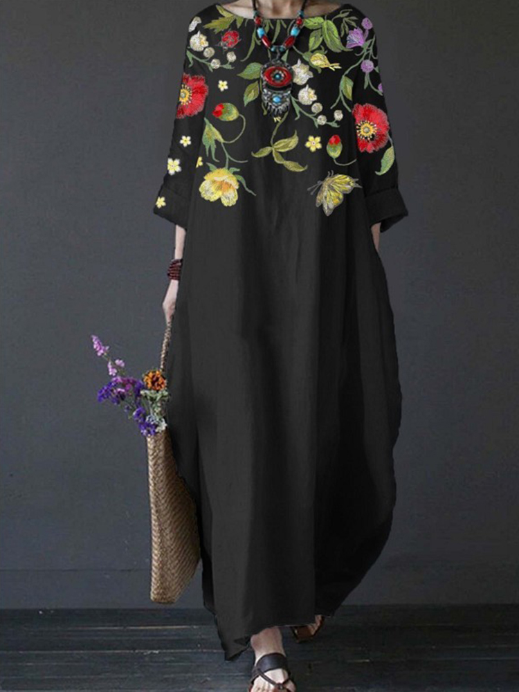 Elegant Retro Flower Art Seventh Sleeve Maxi Dress
