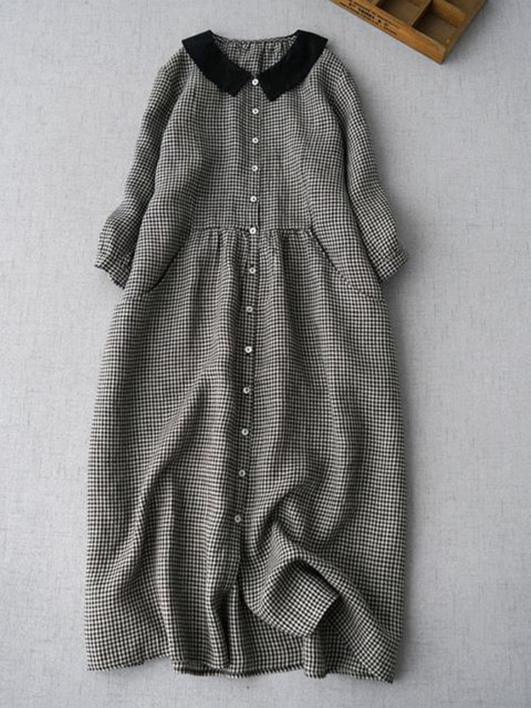 Retro Doll Collar Plaid Printed Comfy Midi Dress