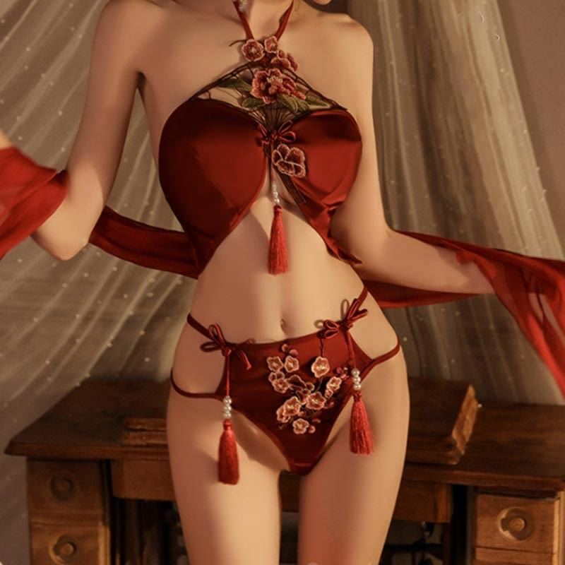 Han Costume Vintage Flower Embroidery Tassel Split Sexy Lingerie Set