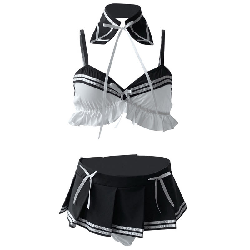 School Uniform Bow Stripe Lingerie Set