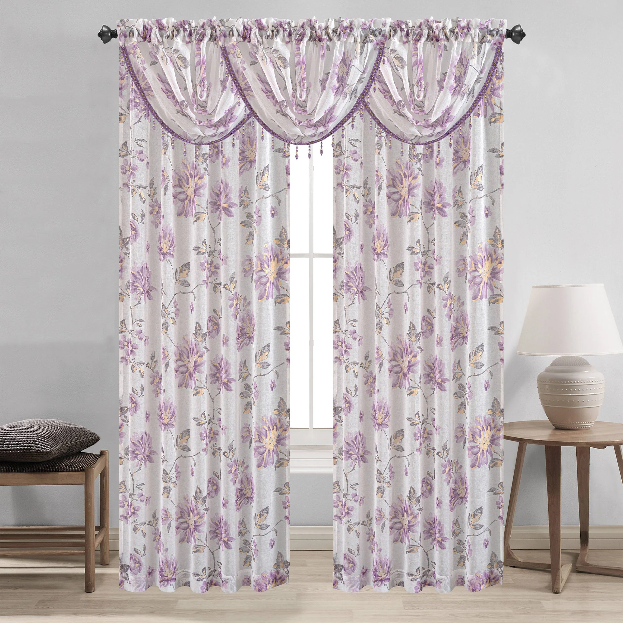 Anna Sheer Metallic Floral Rod Pocket Window Panel & Waterfall Valance, All Sold Separately