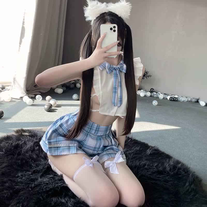 Plaid JK Uniform Hollow Out Sexy Lingerie Stockings Set