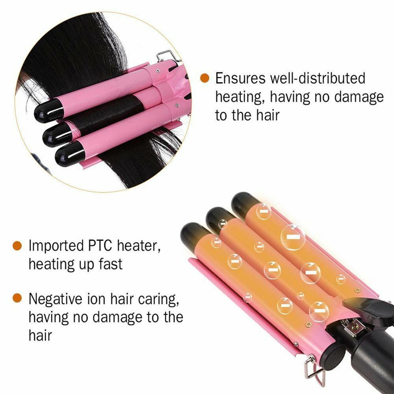 25cm Pink Three Barrel Curling Iron Wand With LCD Display