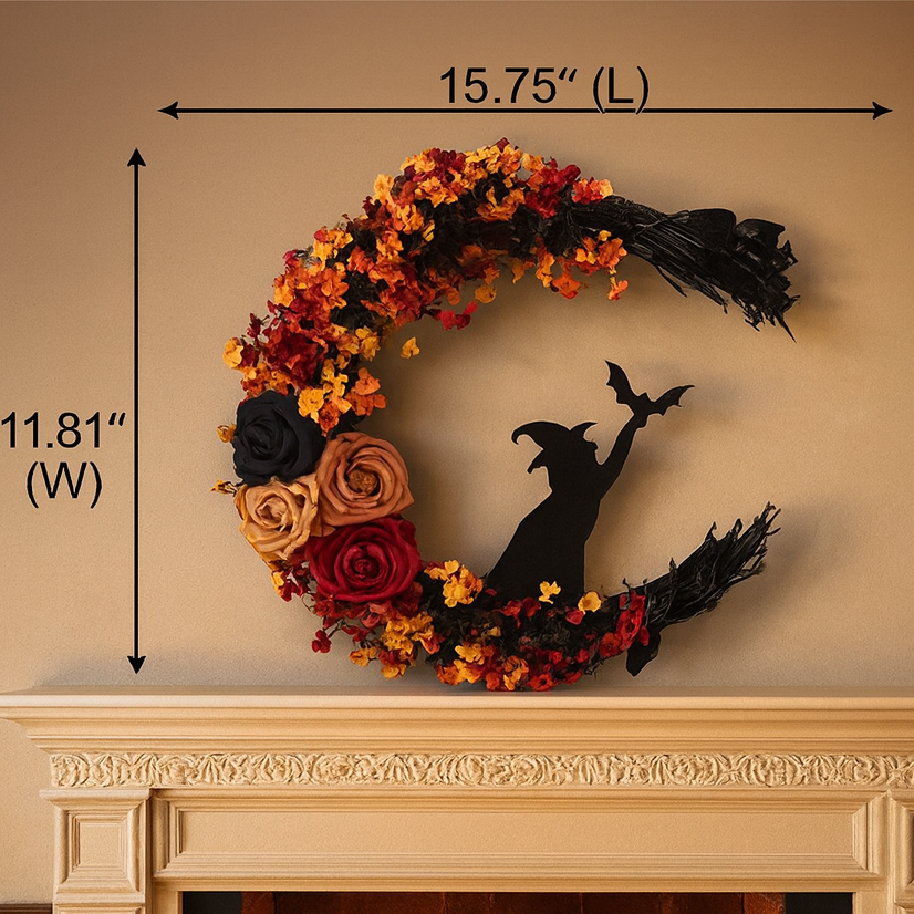 💥ON SALE💥-🌙 Witch Cat Moon Wreath  with Autumn Leaves & Roses 🐈‍⬛🍂🌹