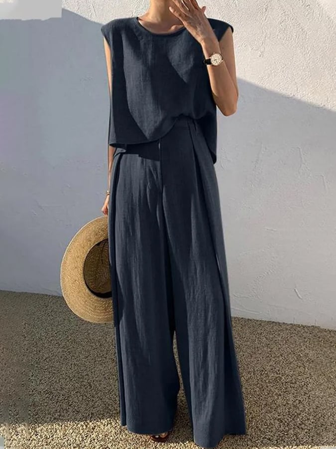 Spring And Summer New Cotton And Linen Fashion Casual Loose Two -Piece Sleeveless Top Loose Wide -Leg Pants Women's Models