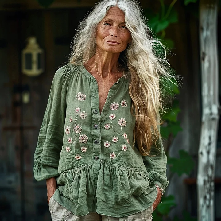Bohemian Linen Floral Art Print Long Sleeve Loose  Shirt