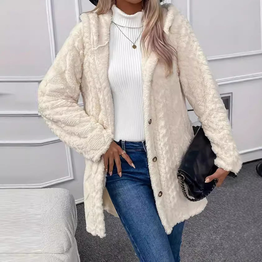 European and American Hooded Solid Color Buttoned Cardigan Long Sleeve Coat