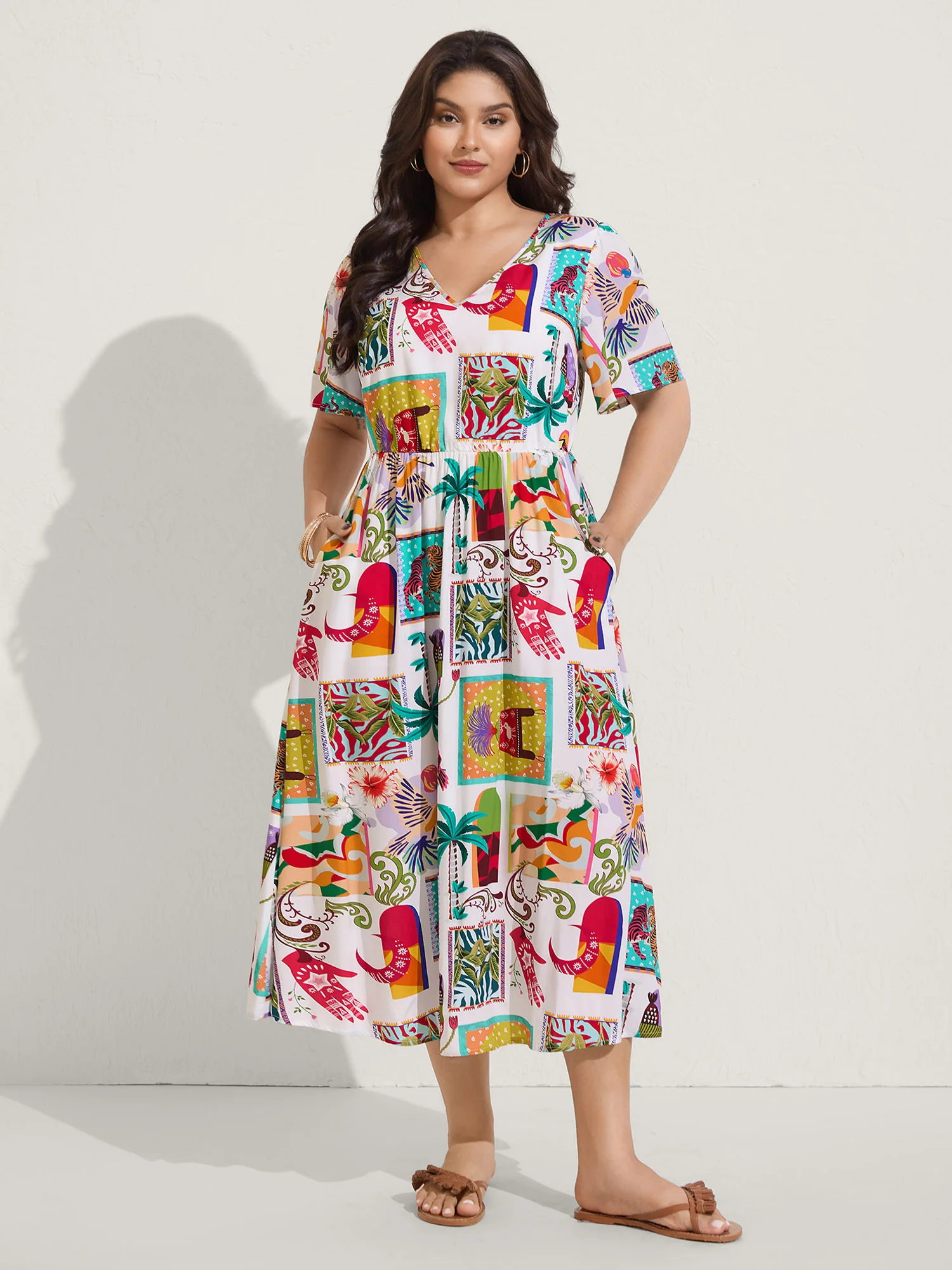 Tropical Collage Print Pockets Midi Dress