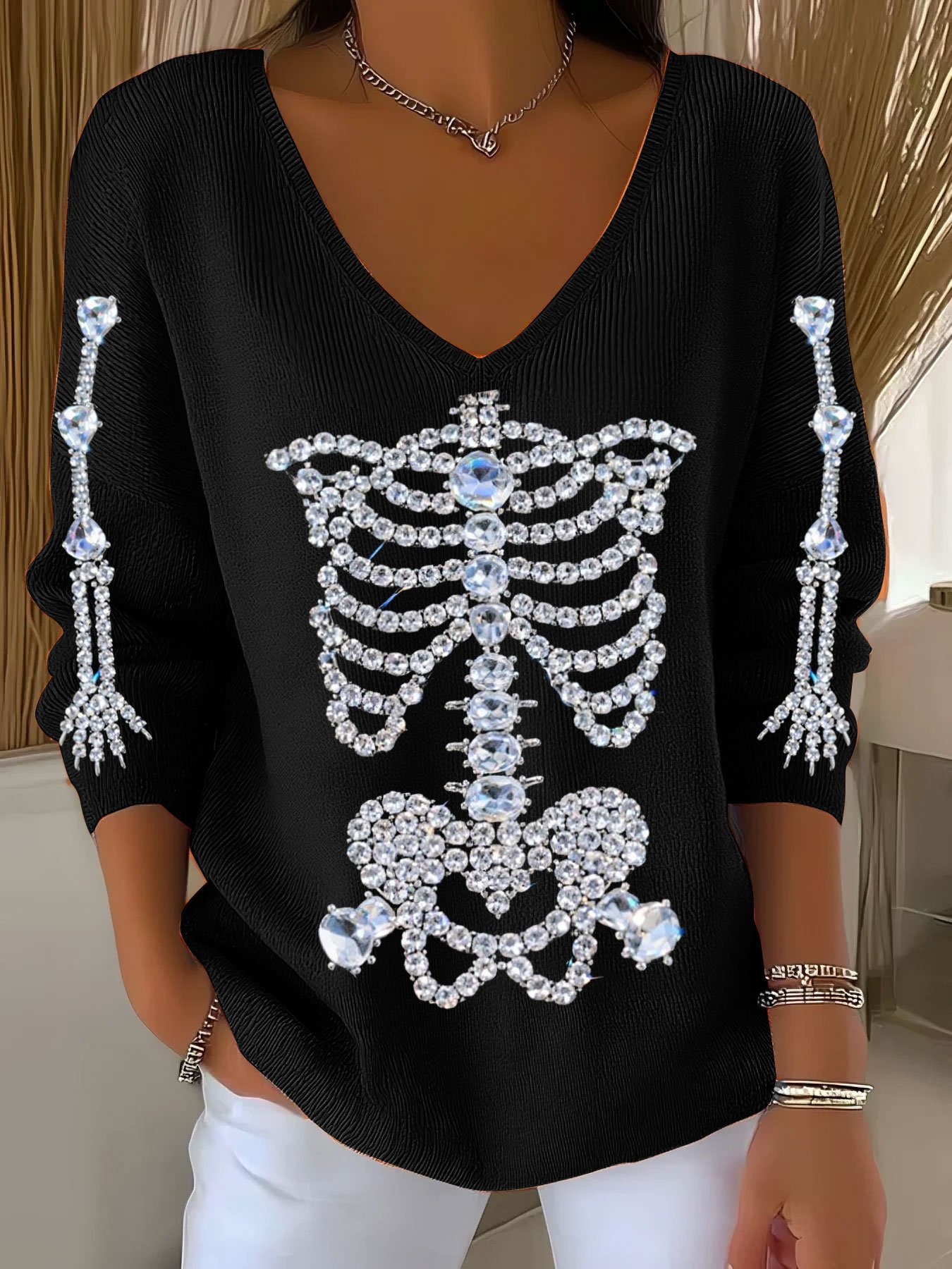 🔥Buy 3 Get 10% Off🔥Women's Halloween Diamond Skeleton Print V-Neck T-Shirt