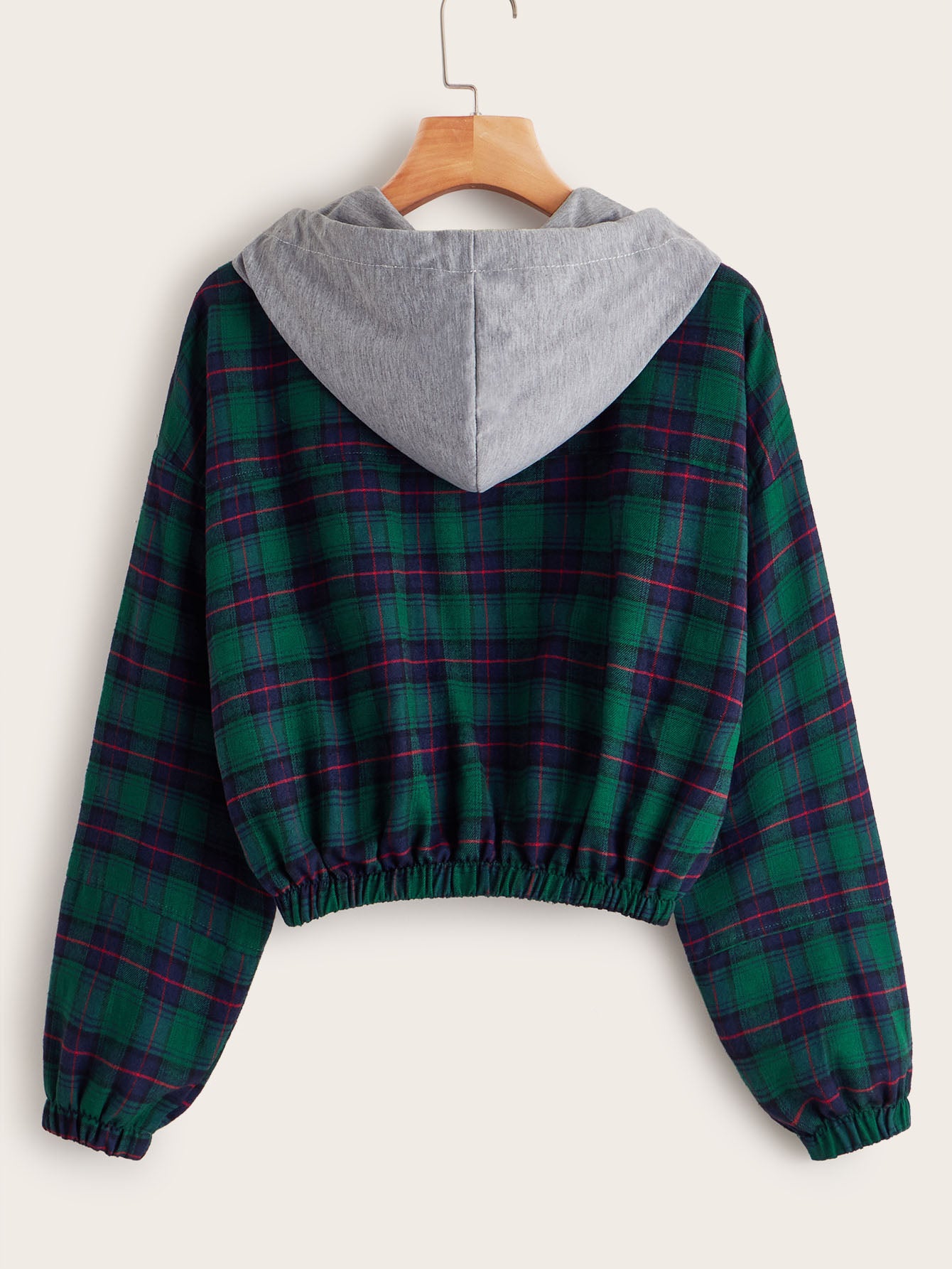 Plaid O-Ring Zip Up Drawstring Hooded Jacket