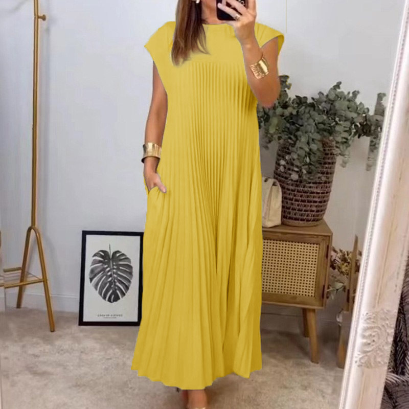 ON SALE🔥Women Summer Pleated Maxi Dress Casual Short Sleeve Long Dress with Pockets