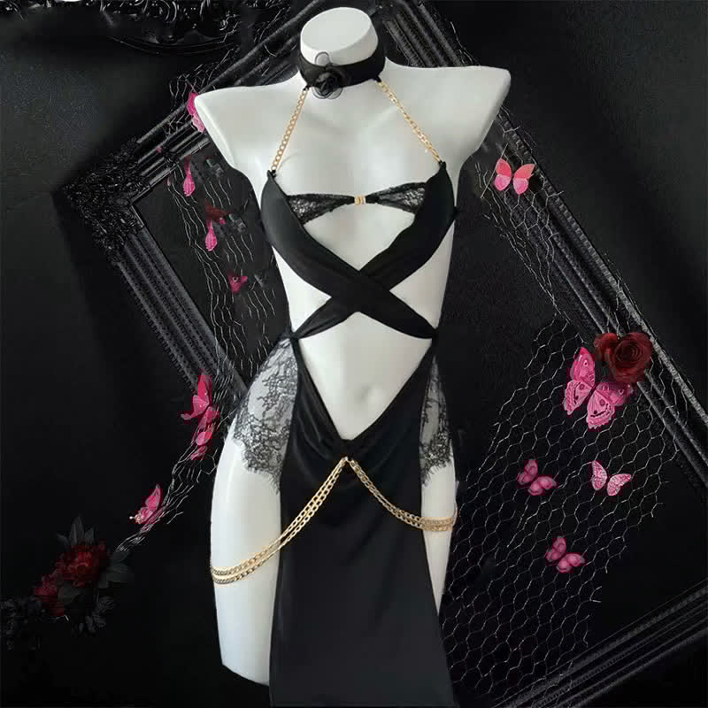 Han Costume Sexy Halter Hollow Out Chain Lingerie Dress
