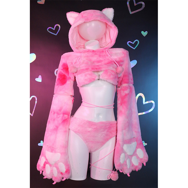 Cosplay Cartoon Kitty Paw Hooded Plush Lingerie Set