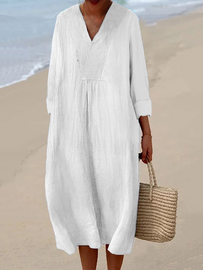 Women's Casual Cotton And Linen Long Sleeve Dress