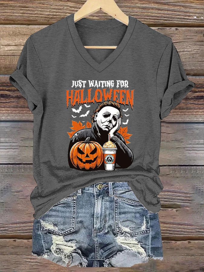 🔥Buy 3 Get 10% Off🔥Women's Just Waiting for Halloween Printed V-Neck Short Sleeve T-Shirt
