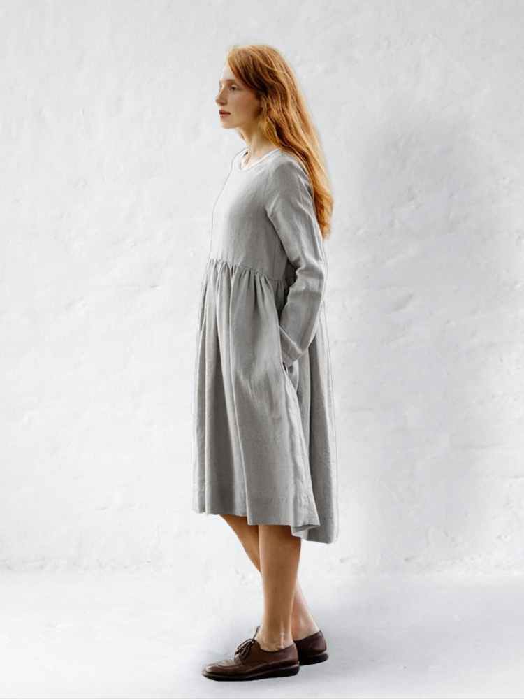 Pleated Wide Skirt Linen Midi Dress