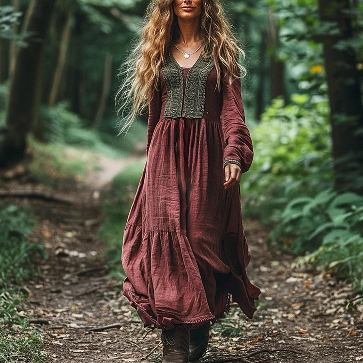 Women's Linen Bohemian Long-sleeve Casual Maxi Long V-neck Dress