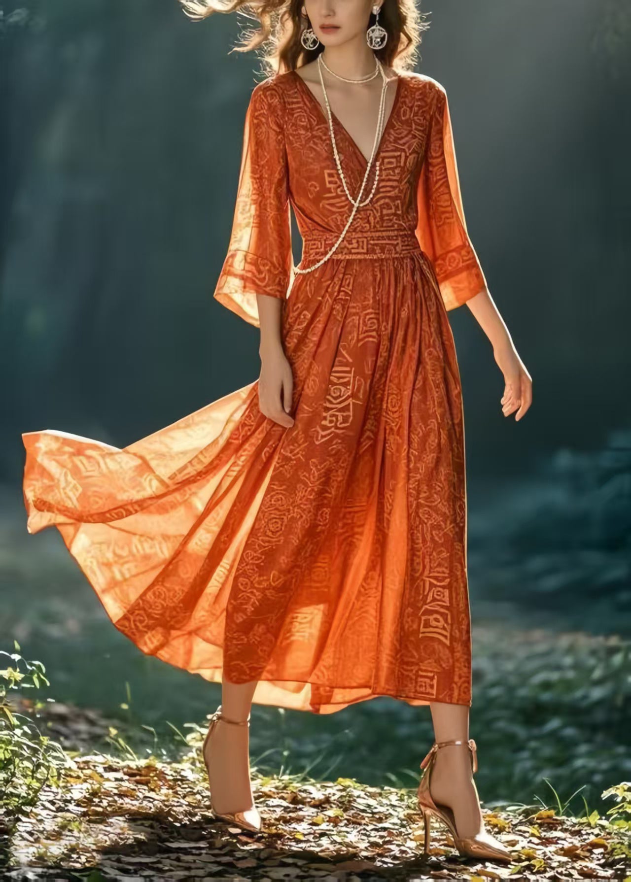 Italian Orange Print Chiffon Holiday Dresses Bracelet Sleeve