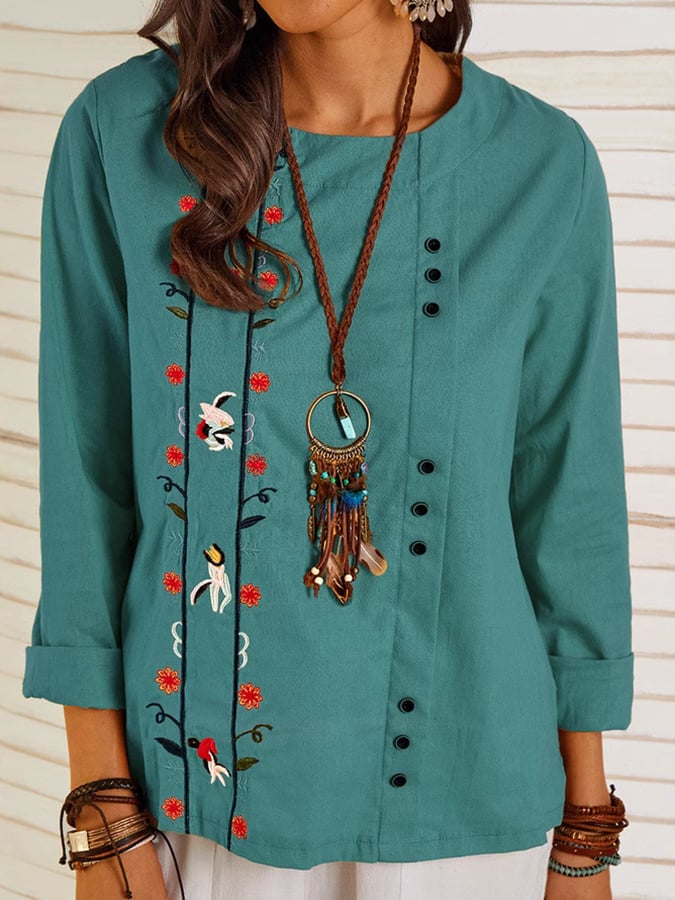 Women's Round Neck Button Up Design Retro Embroidered Long Sleeve Loose Casual Shirt