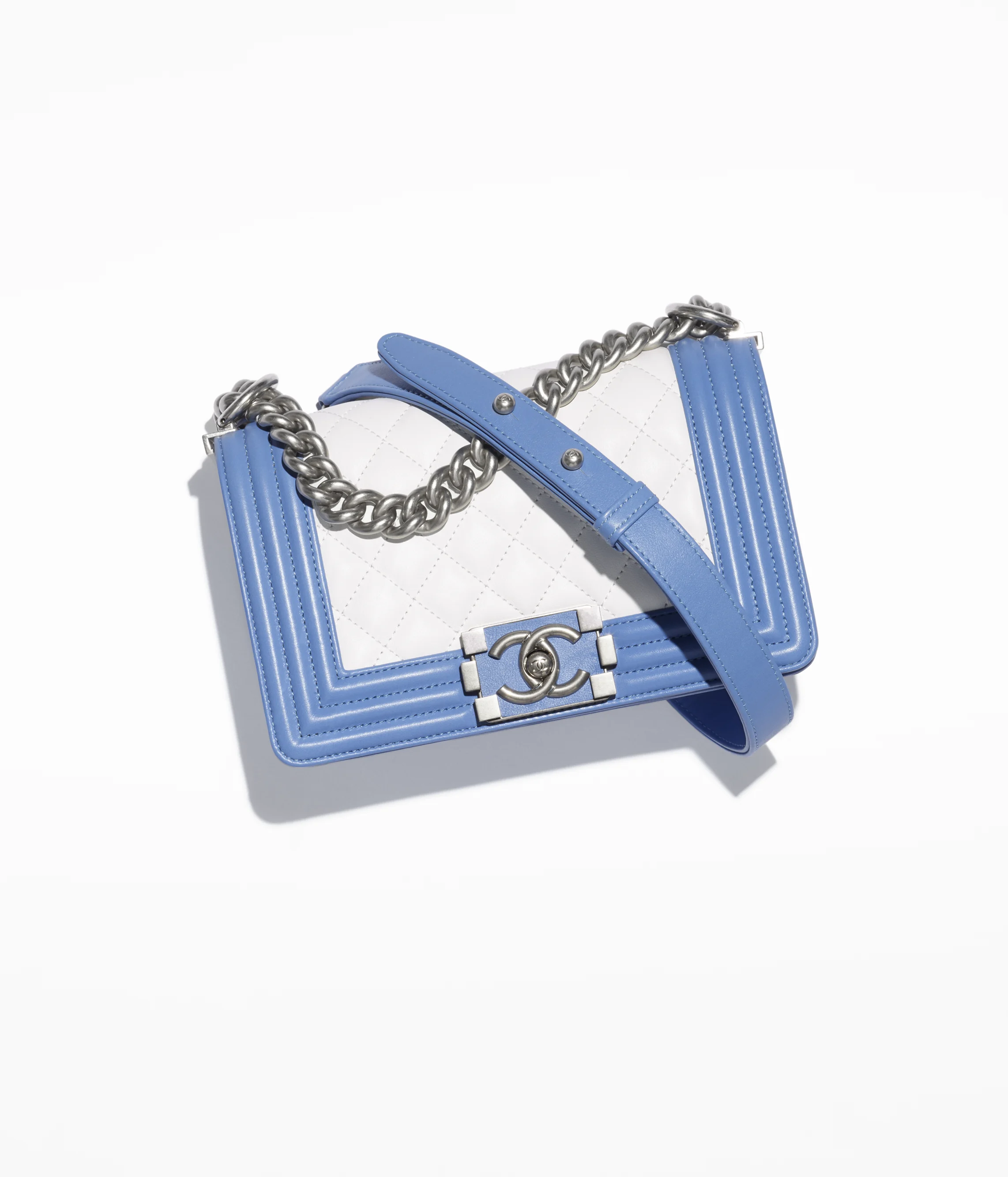 CHANEL Small BOY CHANEL Handbag Calfskin & Silver-Tone Metal White & Blue A67085-B18720-NACUX
