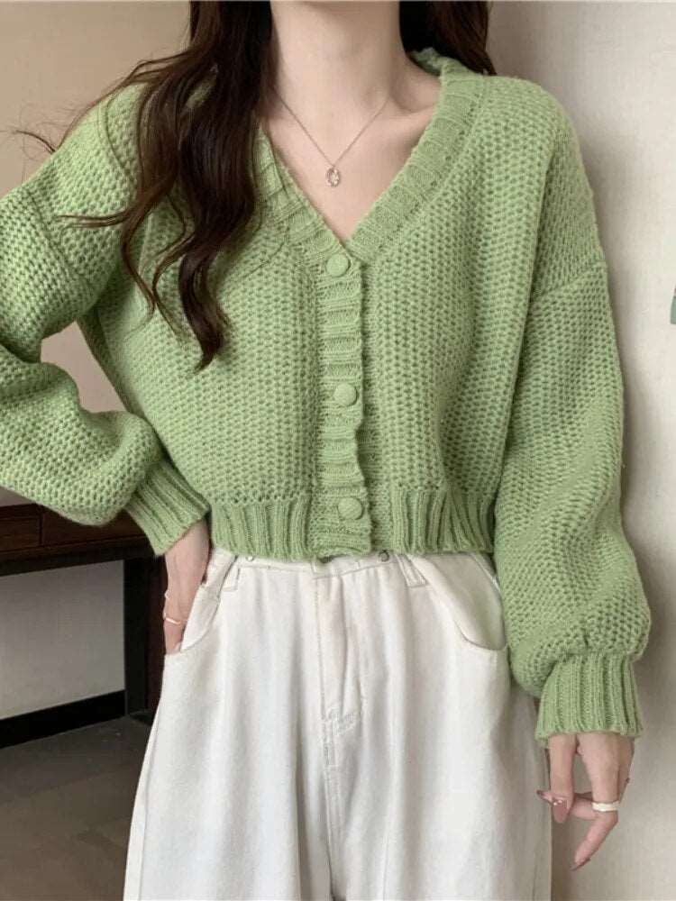 Button-Up V-Neck Knit Cardigan