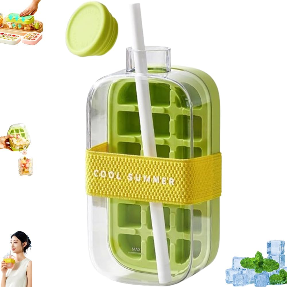 2-in-1 Ice Cube Water Bottle - Freeze & Sip with Touch-Free Release with Lid, Straw & Ice Bin