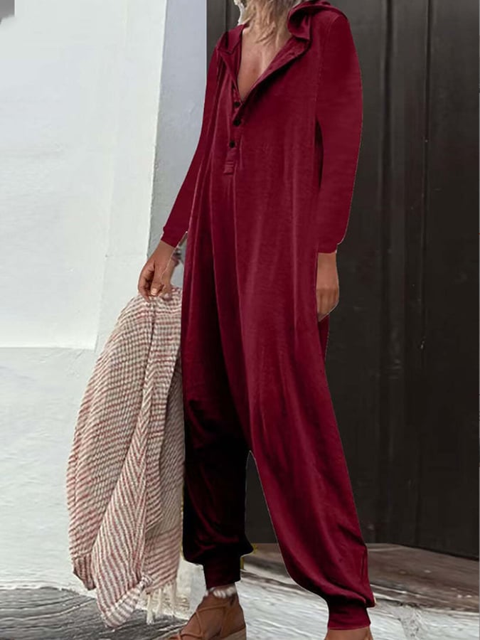 New Fashion Button Connecting Hooded Side Bag Long -Sleeved Long Pants Pants Female