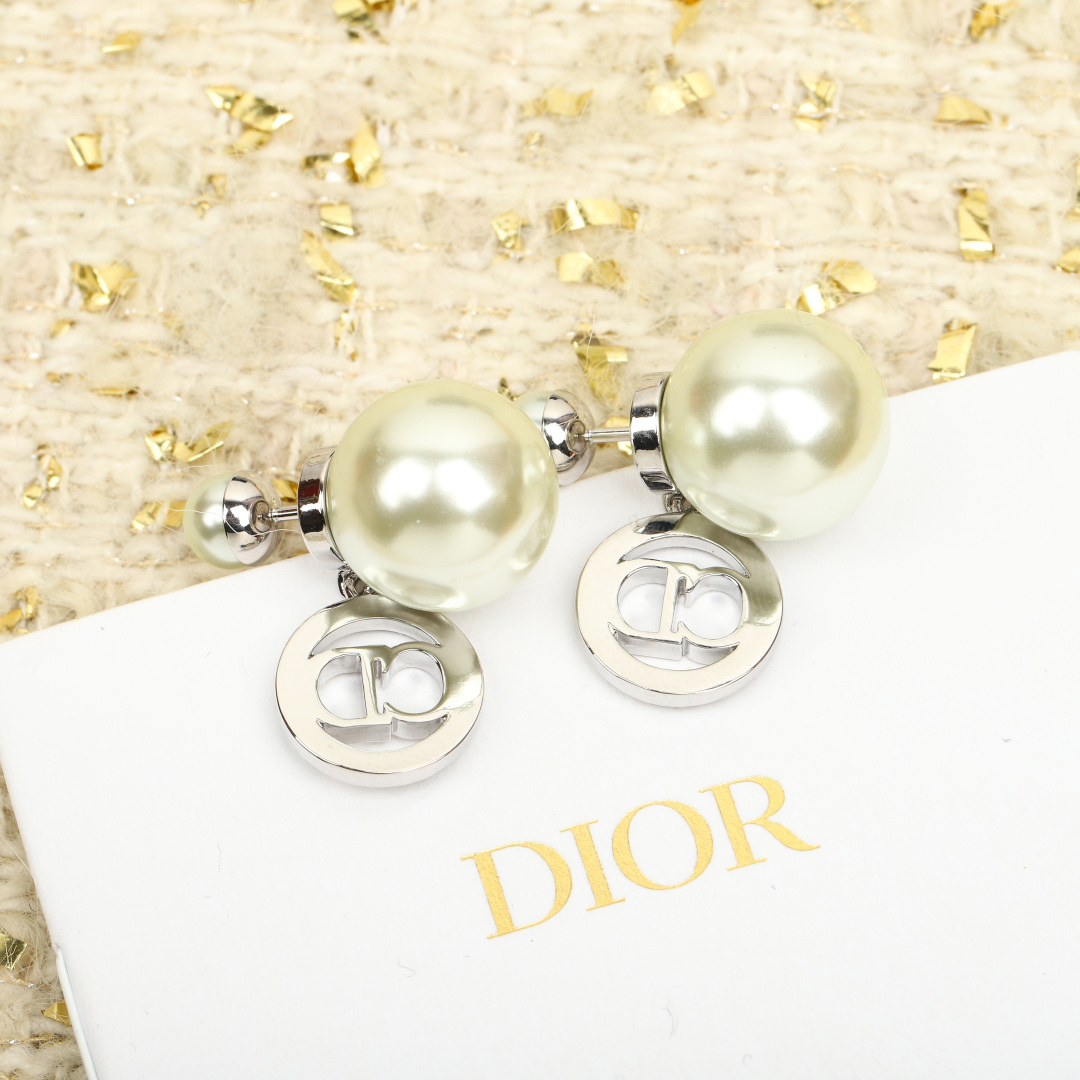 Dior Round Crystal CD Double Ball Pearl Earrings