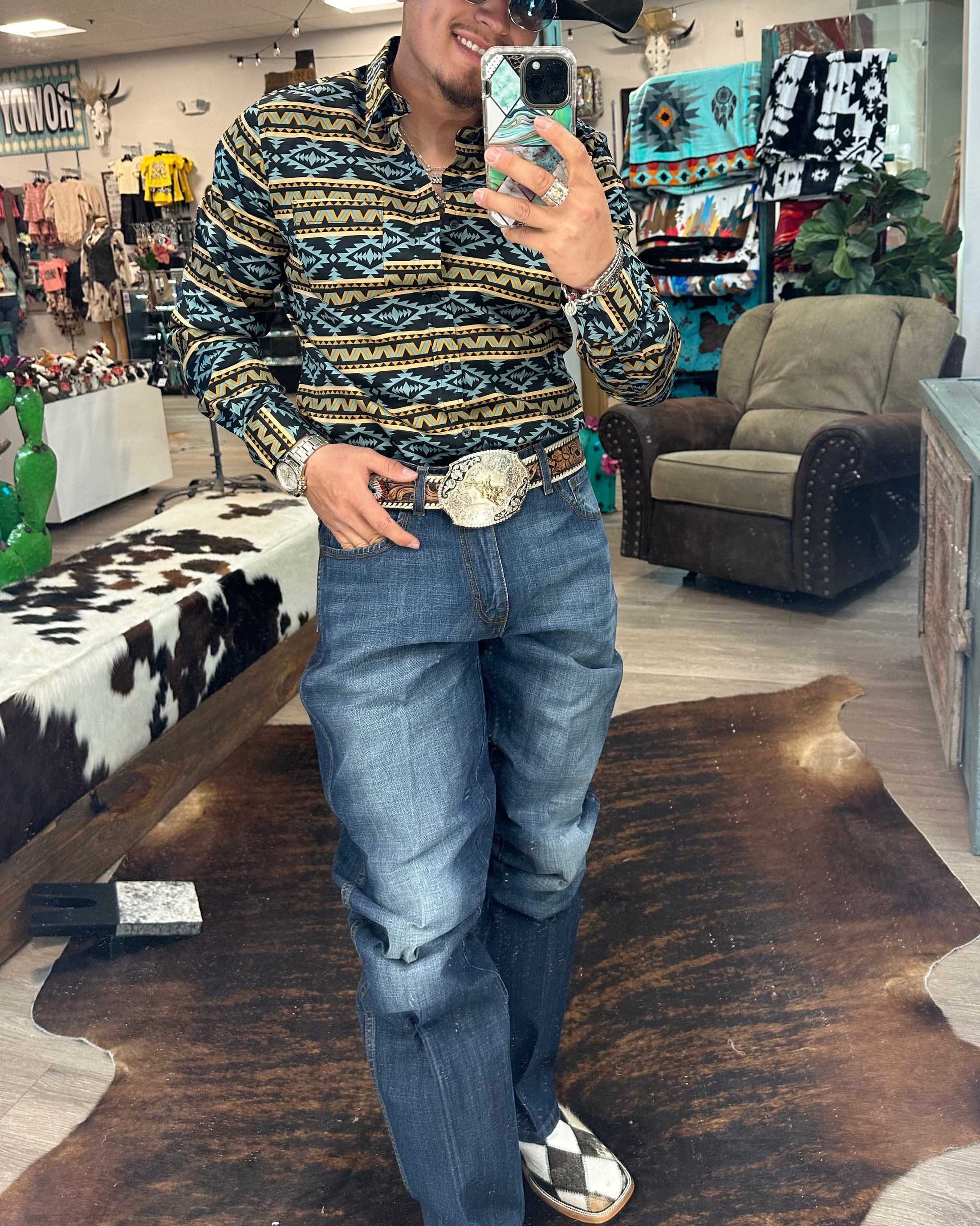 Men's Casual Retro Western Cowboy Stripe Green Long Sleeve Shirt