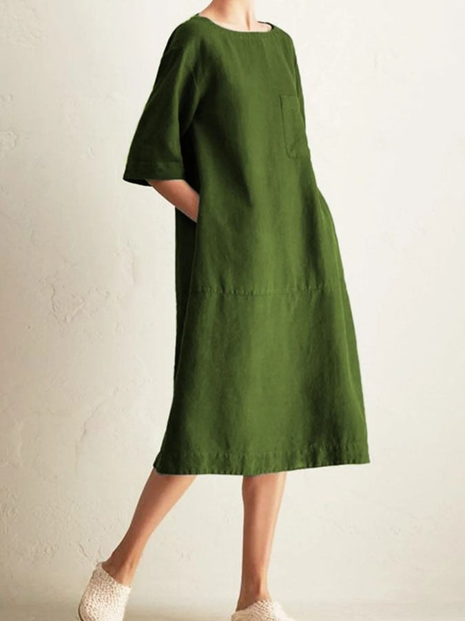 Solid Color Round Neck Pocket Half Sleeve Casual Dress