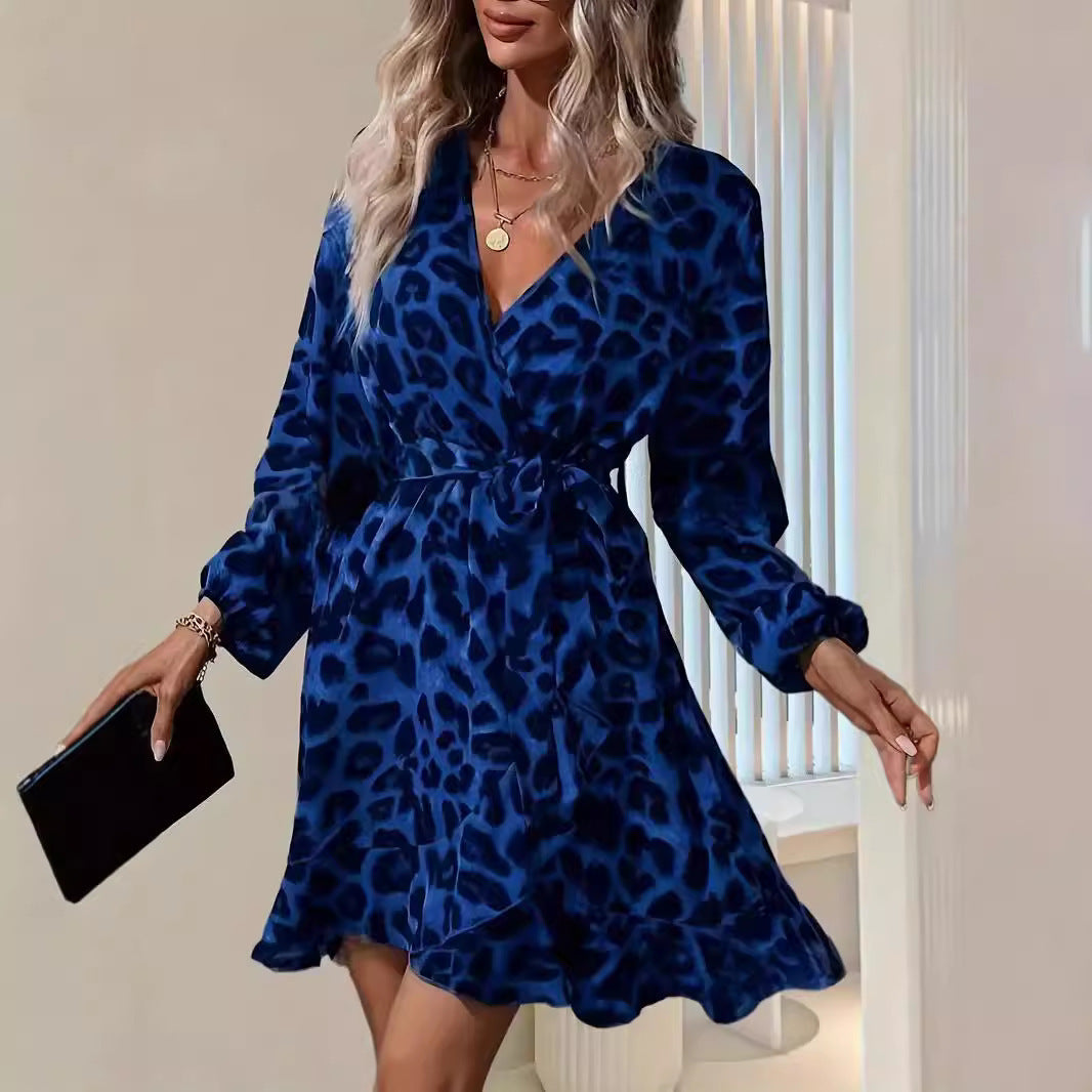 European and American Leopard Print V-Neck High-Waisted Lace-Up Irregular Dress for Women