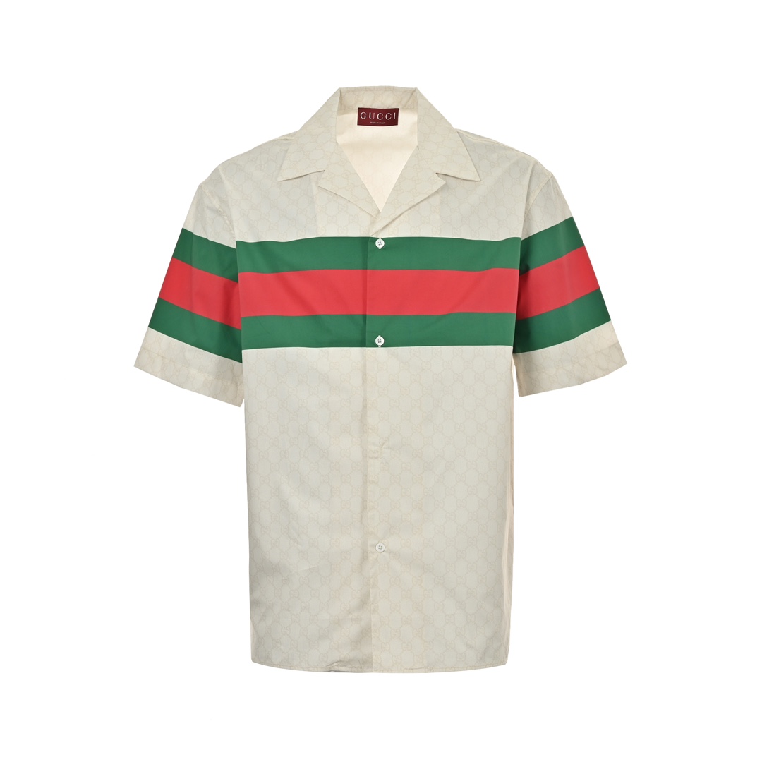 Gucci 24ss full print jacquard 1921 red and green striped short-sleeved shirt