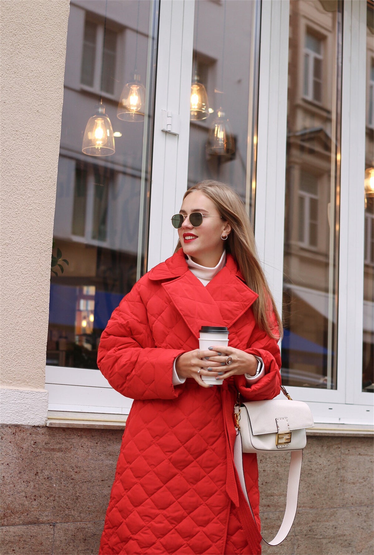 Warm Keeping Cotton Clothing Cotton Padded Coat for Winter Women Rhombus Cotton-Padded Jacket Waist Tight Long Cut Coat Plus Size Coat for Women