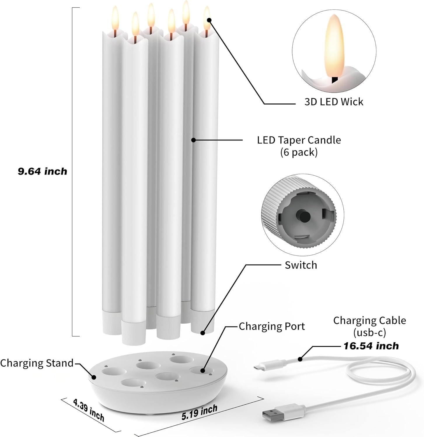 🔥LAST DAY 50% OFF🔥6 PCS Rechargeable Flameless Taper Candles with Charging Station