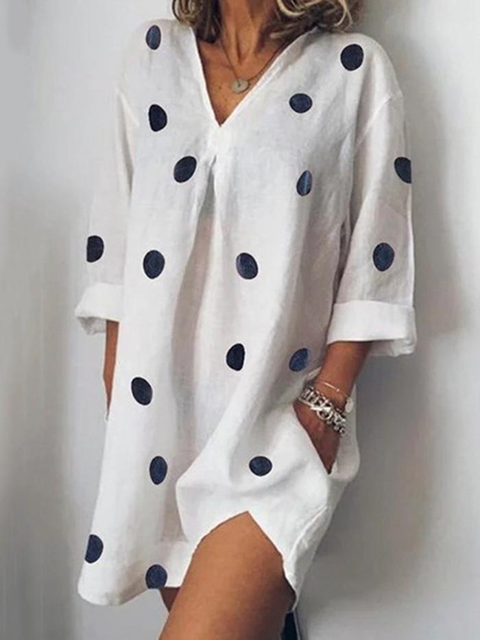 Casual Loose V-Neck Printed Slit Dress