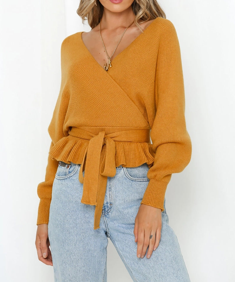Women's Batwing Coat Knitwear V-neck Exposed Back Bandage Sweater