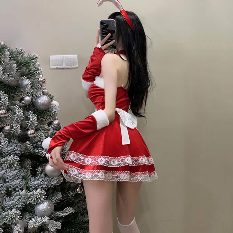 Christmas Cosplay Double Lace Fuzzy Ball Off The Shoulder Dress