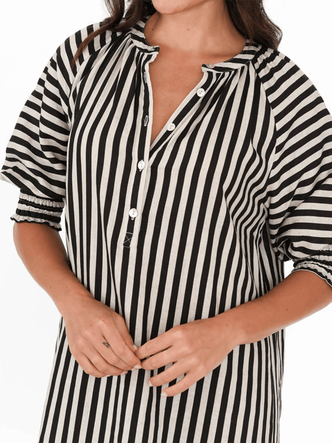 Women's Vintage Contrast Stripe Design V-Neck Button-Up Cotton And Linen Dress