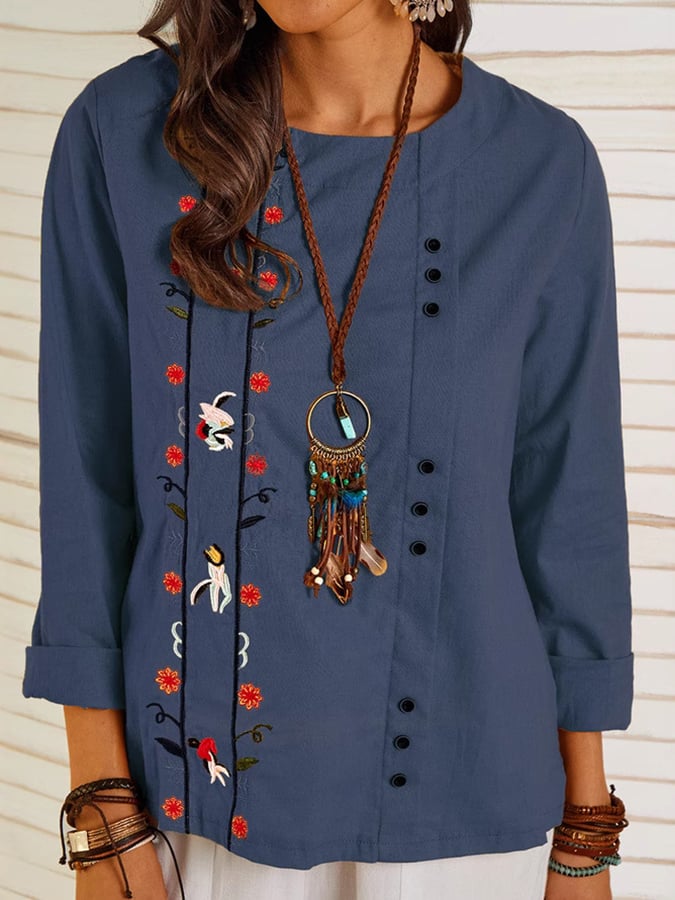 Women's Round Neck Button Up Design Retro Embroidered Long Sleeve Loose Casual Shirt