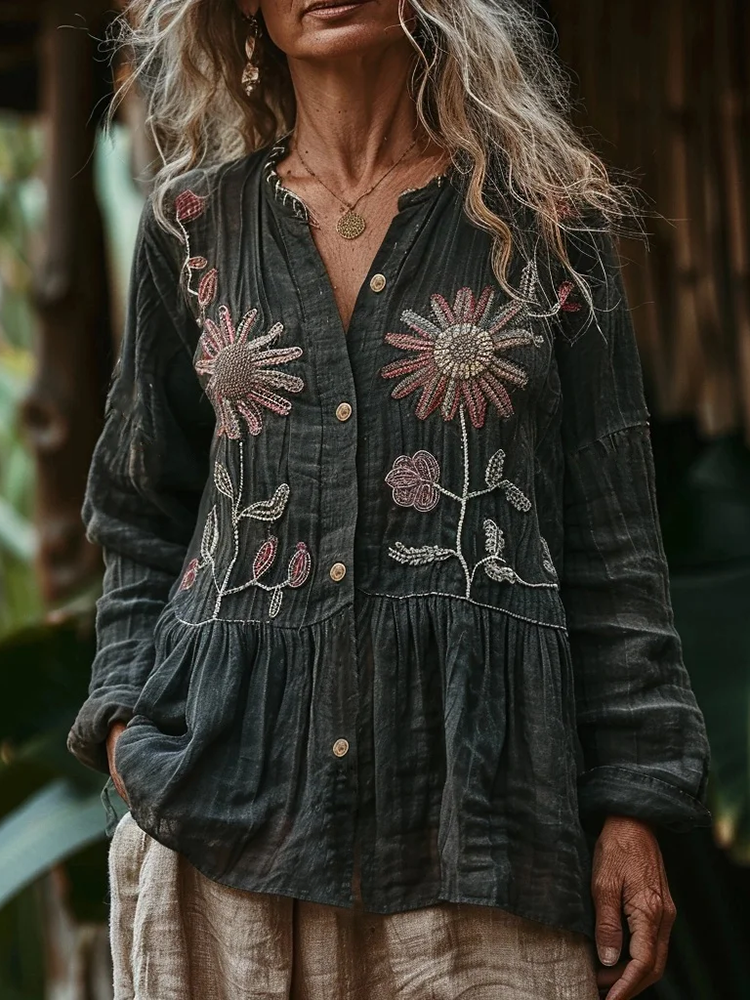 Bohemian Style Linen Floral Art Print Long Sleeve Loose  Shirt