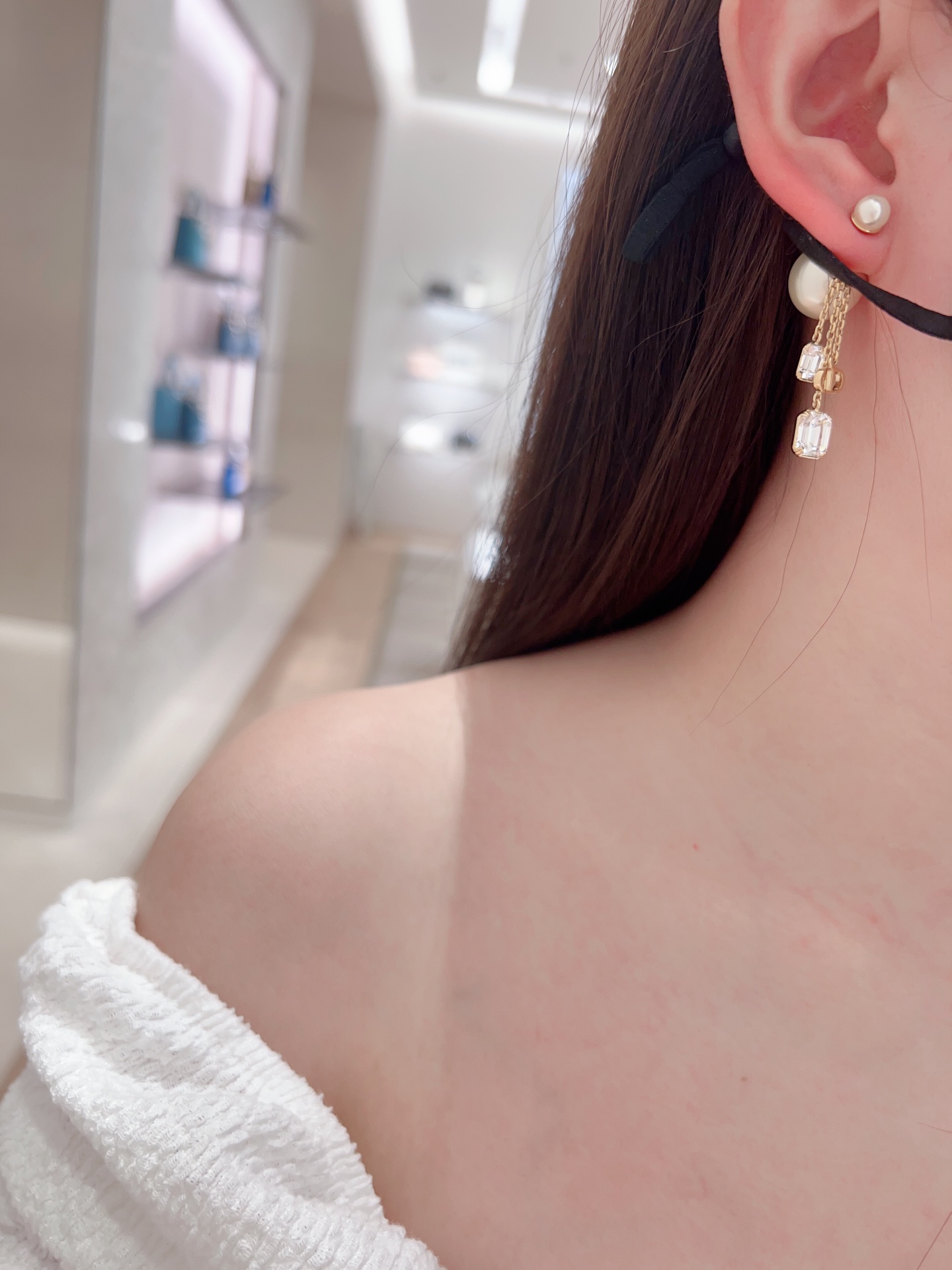 Dior large and small pearl tassel rhinestone earrings