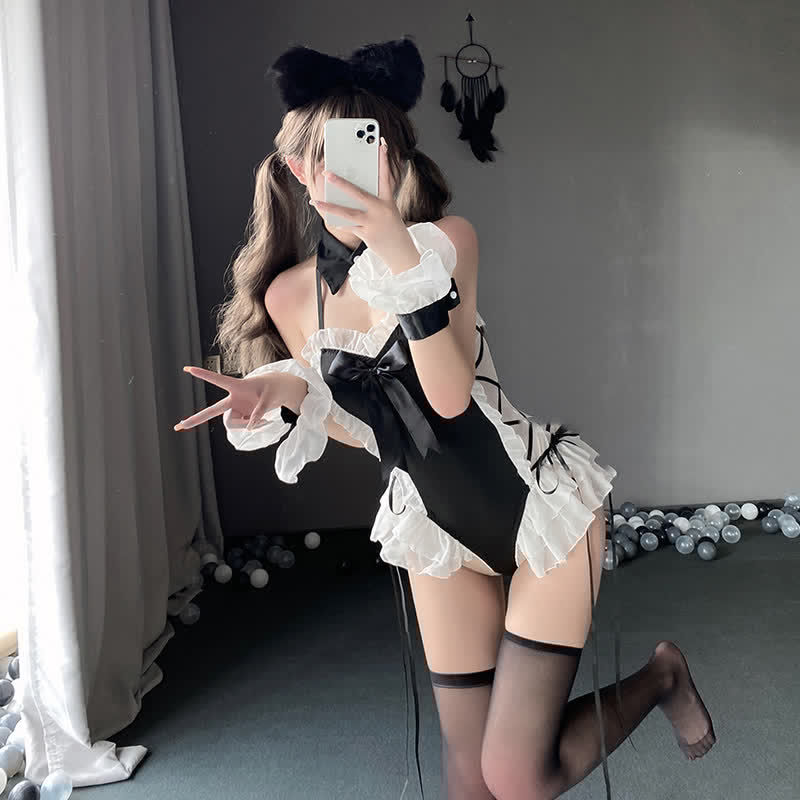 Lace Up Kitty Jumpsuit Lingerie Stockings Set